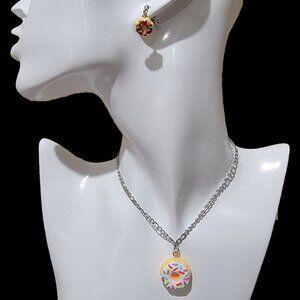 Donut Charm Necklace and Chocolate Donut Earring Set - Multicolor